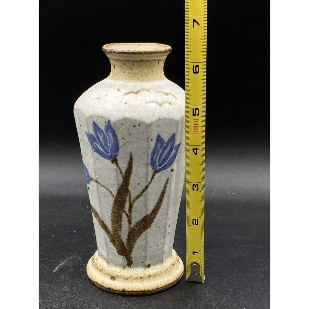 Stoneware Vase Flowers Sand and Browns Color Signed Crown 6.5”